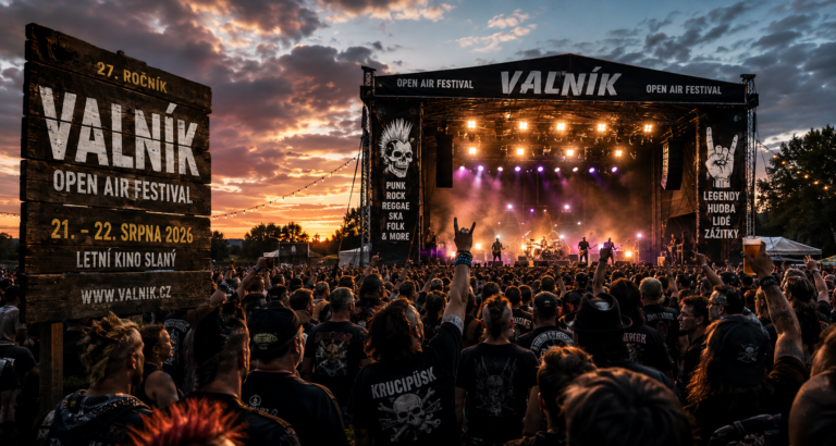 Outdoor stage at Valník Open Air Festival during sunset, with a dense crowd and a large wooden sign reading 'VALNÍK OPEN AIR FESTIVAL' on the left.
