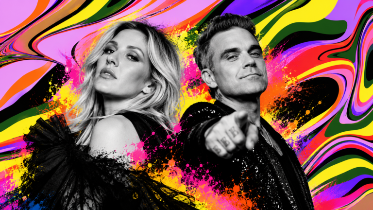 Ellie Goulding a Robbie Williams na festivalu Colours of Ostrava 2027 – stylizovaná černobílá koláž na barevném pozadí v barvách festivalu. Zdroj obrázku: Koláž vytvořena pomocí AI (Chat-GPT)